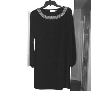 CK LBD with long sleeves and rhinestone neckline